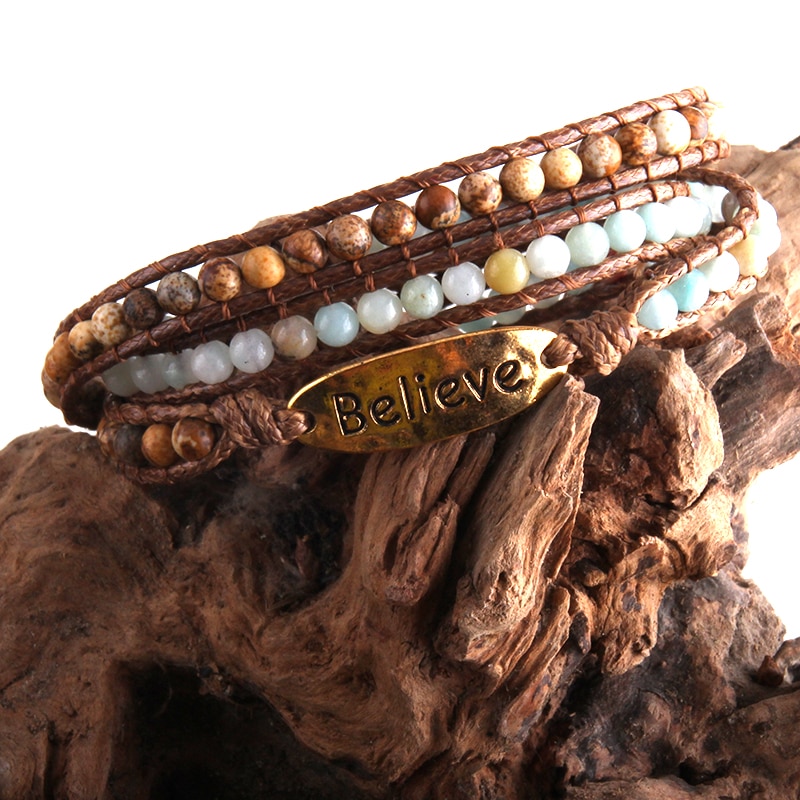 MD Boho Bracelet Armbander Believe Metal Charm Natural Stones 3 Strands Woven Wrap Bracelets