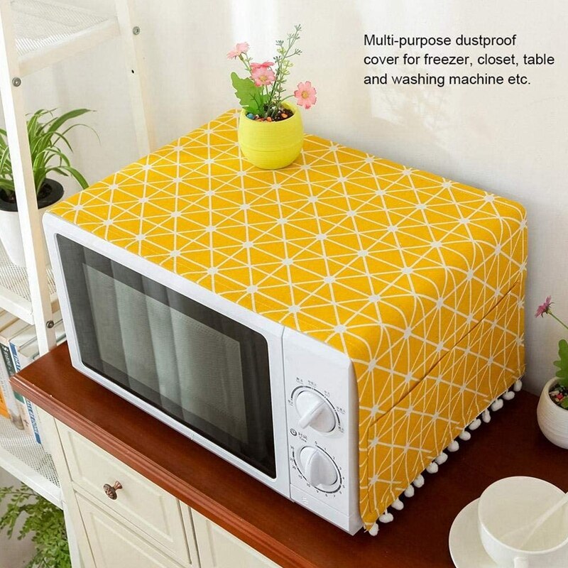 Koelkast Stofkap, Wasmachine Katoen Linnen Top Cover, Met Side Opbergtas-Gele En Witte Strepen