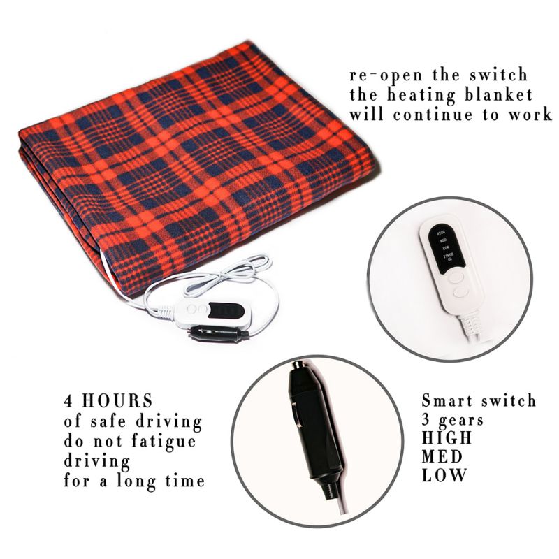 Electric Blankets Fleece Red Plaid 12V Heated Automotive Smart Multifunctional Travel Electric Car Blanket With High Low Temp