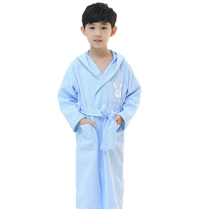 4 Color Girl Summer Cotton Bathrobe Waffle Hooded Children Robe Boys Dressing Gown Kids Roupao After Spa Bath Swimming L173