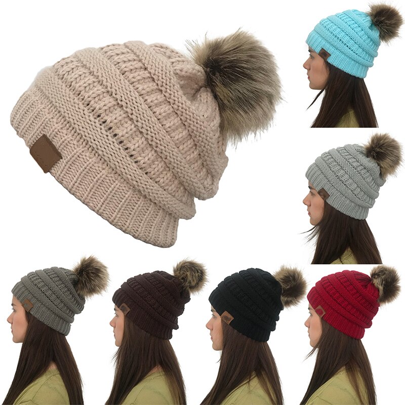 Femmes hiver tricot Slouchy bonnet chapeau crâne casquette de Ski fausse fourrure Pom Pom chapeaux pour les femmes