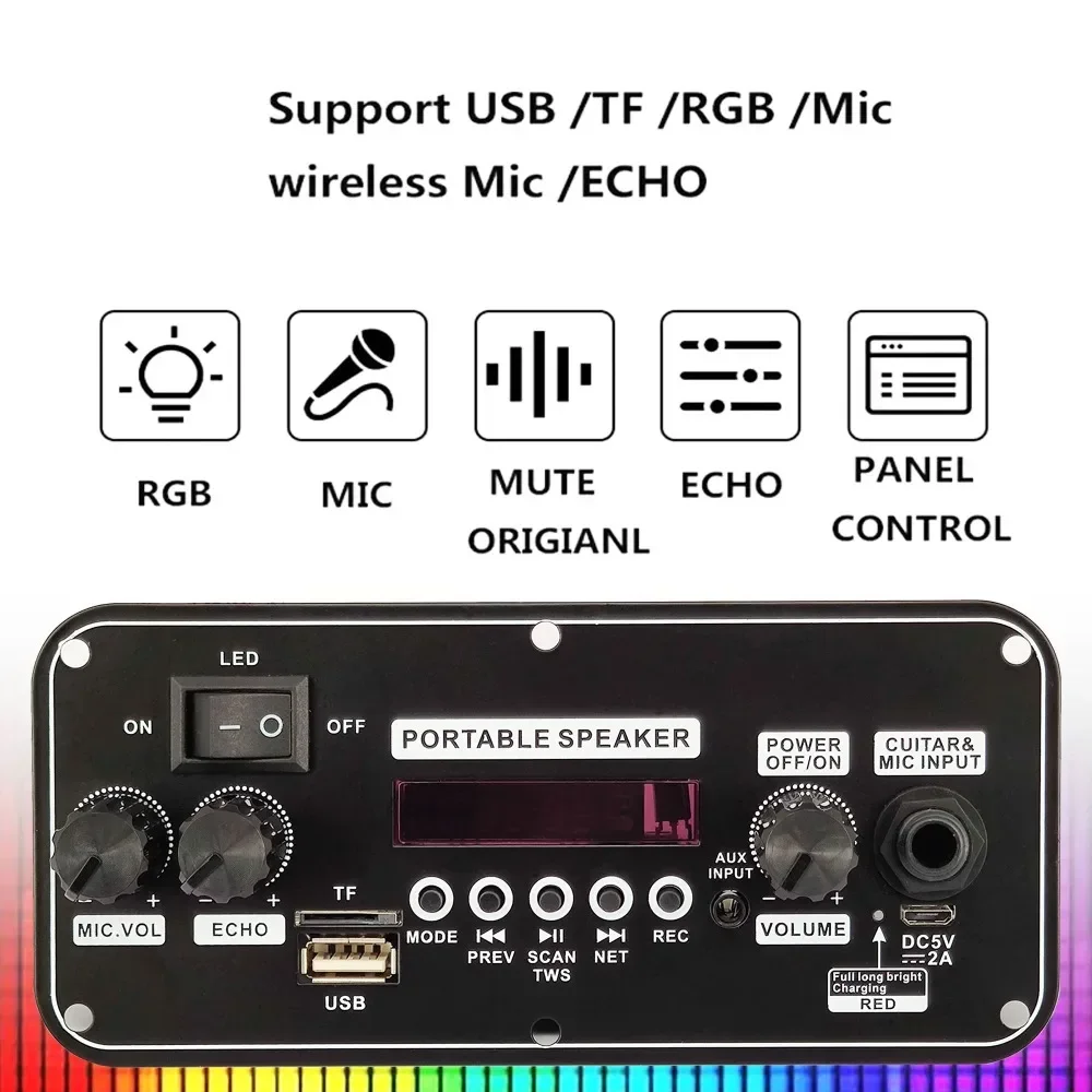 Bluetooth 5.0 DC 5V MP3 WAV APE Dekoder Board 20W Wzmacniacz Car Audio DIY Odtwarzacz muzyczny Moduł radia FM RGB TF AUX USB Mic Record