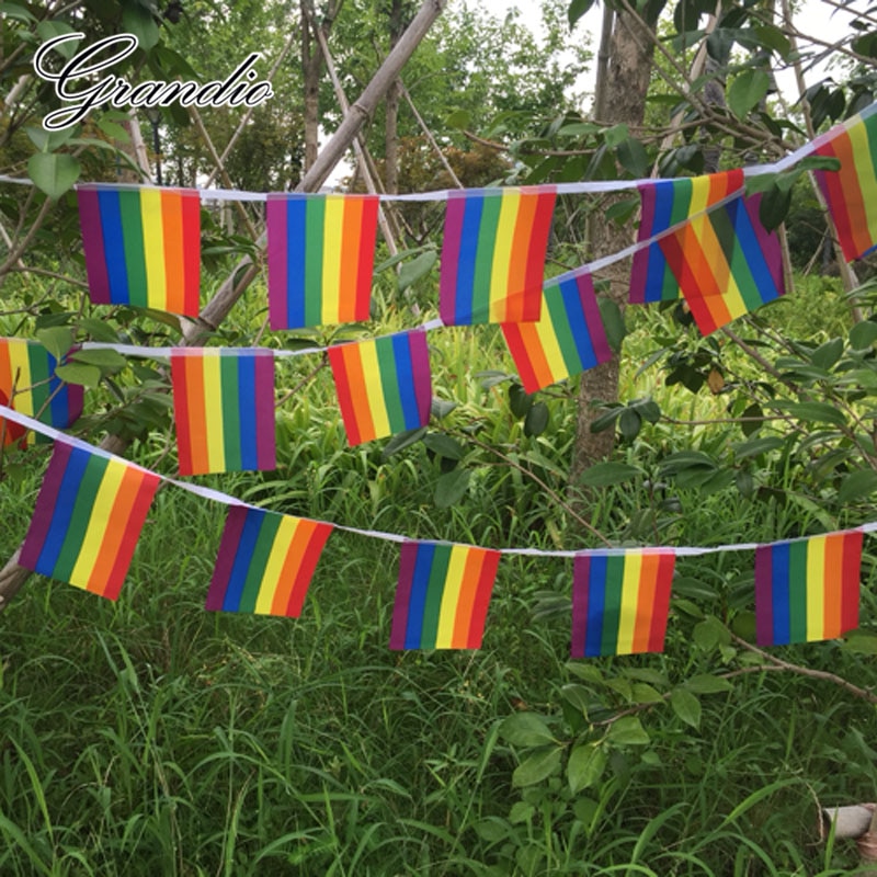 Hanging Rainbow Flag LGBT 14x21cm Polyester 15 Pieces 5M Length Lesbian Gay Pride Printed Home Decorative Flags and Banners