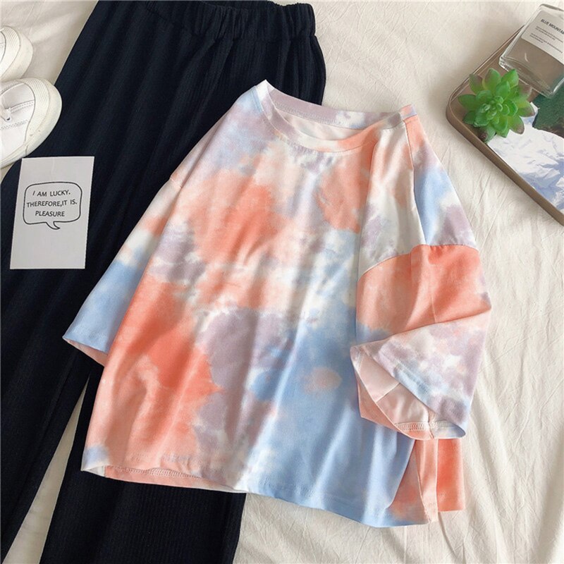 Style Plus sized O-neck Short Sleeve Sports Shirt Women -pang Tie Dye Print Summer Loose Tee Shirt