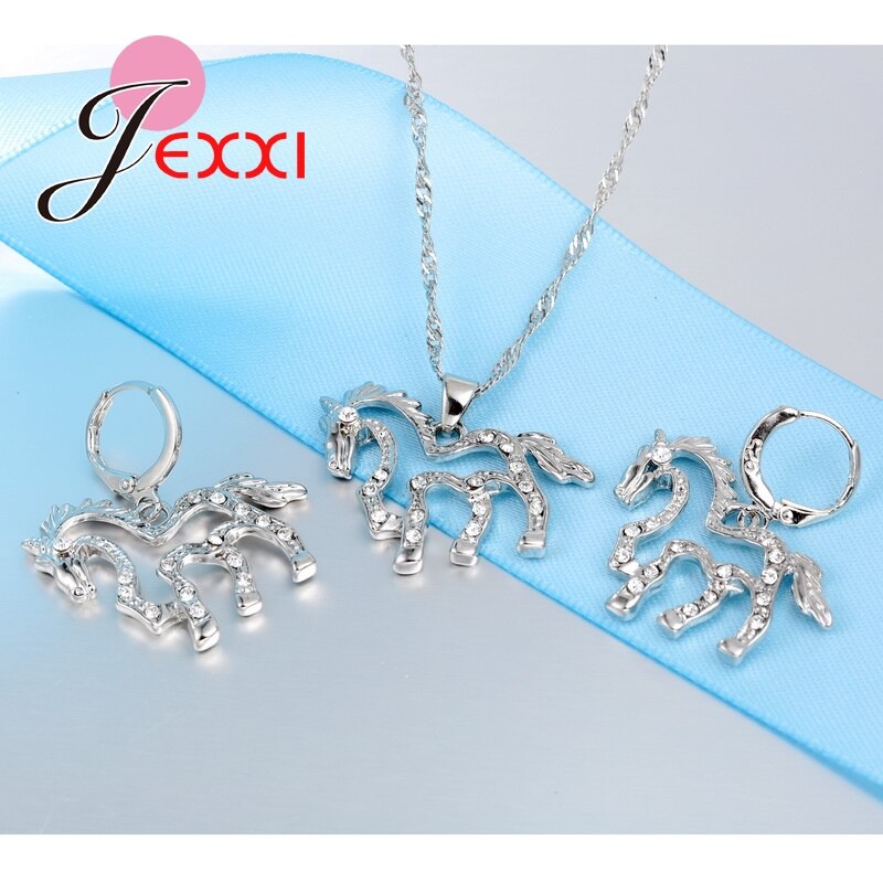 Rhinestone 925 Sterling Silver Bridal Jewelry Set For Women Horse Necklace Earring Set