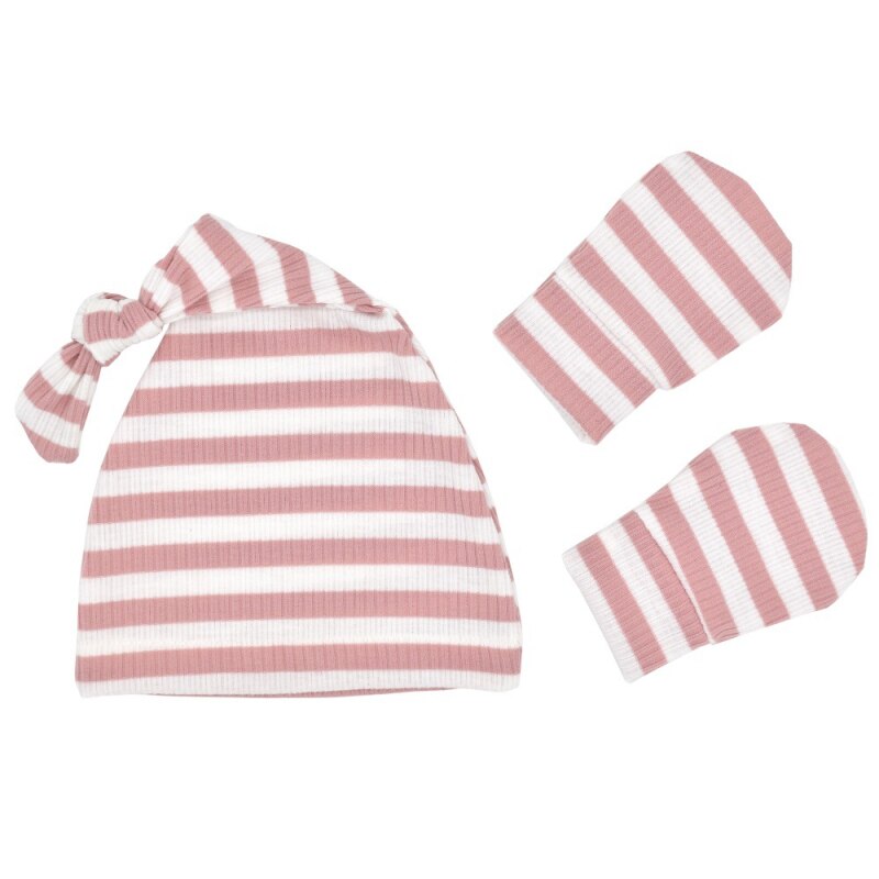 Knot Baby Hat and Gloves Set Stripe Cotton Baby Caps Autumn Spring Newborn Photography Props For Girls Boys Infants