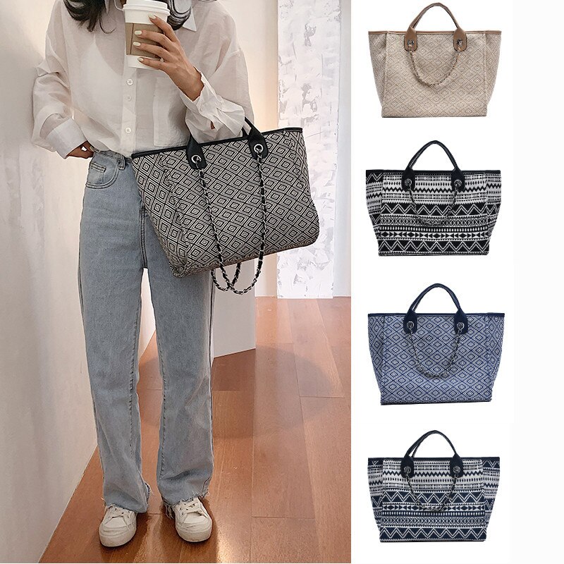 Canvas Women Large Capacity Tote Bags Prints Shopping Bags Ladies Chain Shoulder Bag