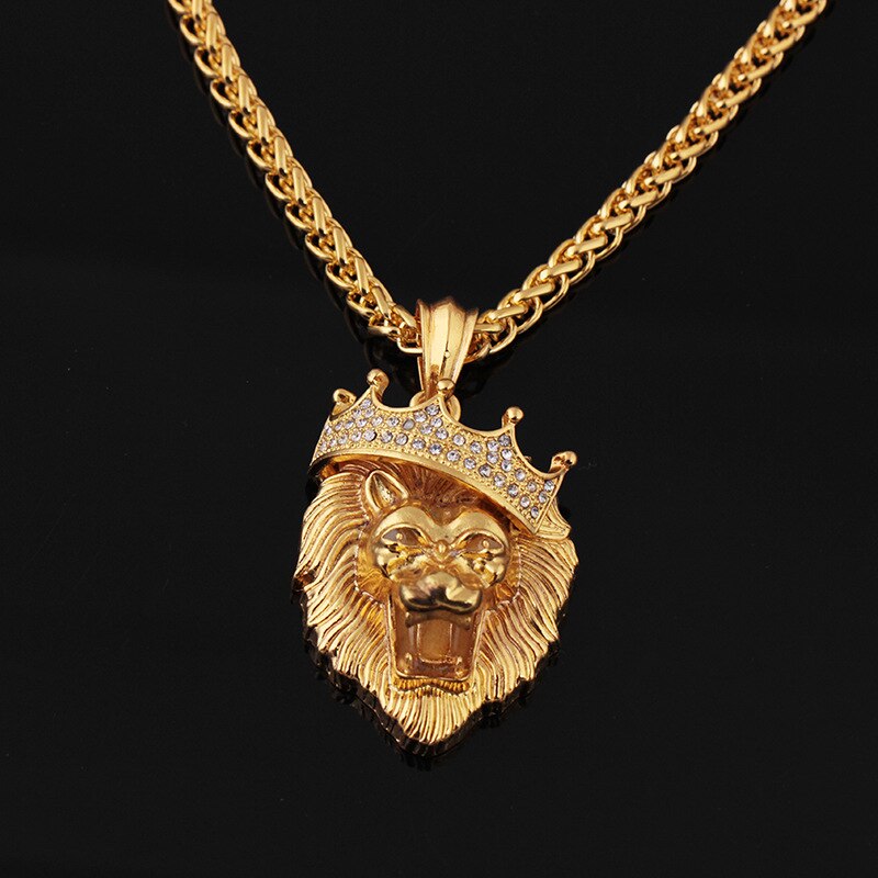 Hip hop krone løve krystal rhinestone vedhæng halskæde metal lysende dyr lange kæde halskæder smykker til mænd: Guldfarve