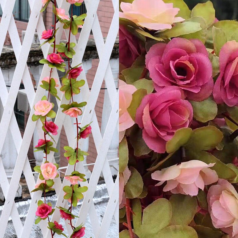 Silk Artificial Roses Flowers Rattan String Vine w... – Vicedeal