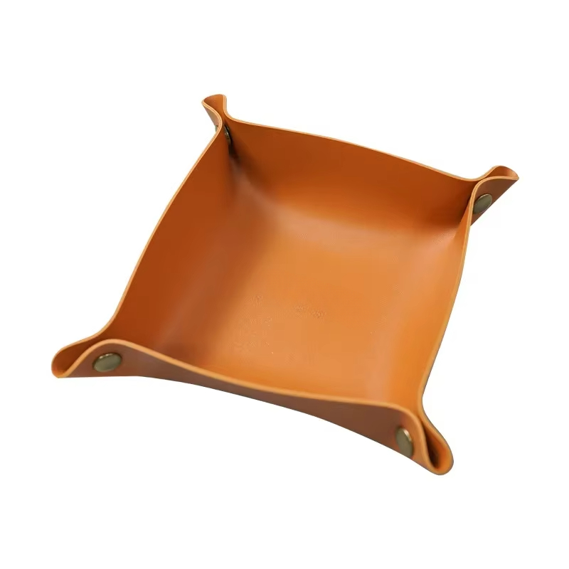 Caja de almacenamiento de cuero nórdico, bandeja de almacenamiento de escritorio, joyería, cesta de almacenamiento de llaves y cosméticos, estuche de almacenamiento plegable, organizador de mesa: Naranja