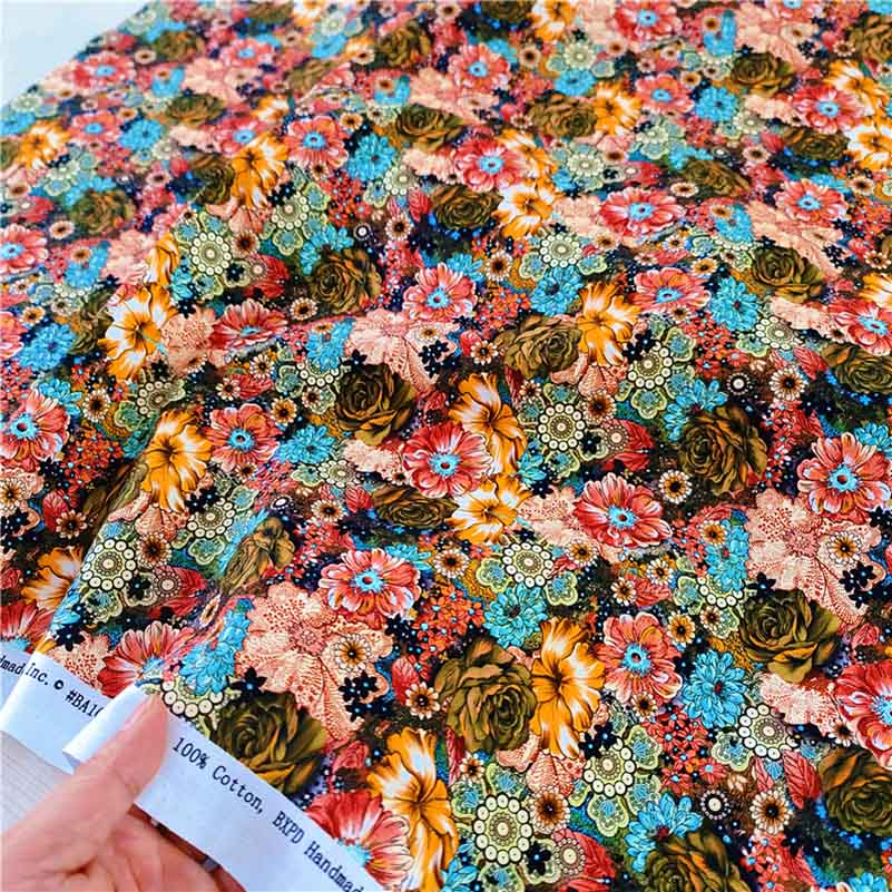 Cotton Fabric European Flower Oil Painting Pastoral for Sewing Clothes Dresses DIY Handmade by half Meter: Beige