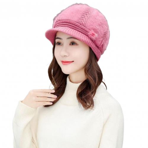 Winter dames gebreide baret muts met klep verguld roze wijnrood warme zachte effen muts dames imitatiebont muts: Zwart