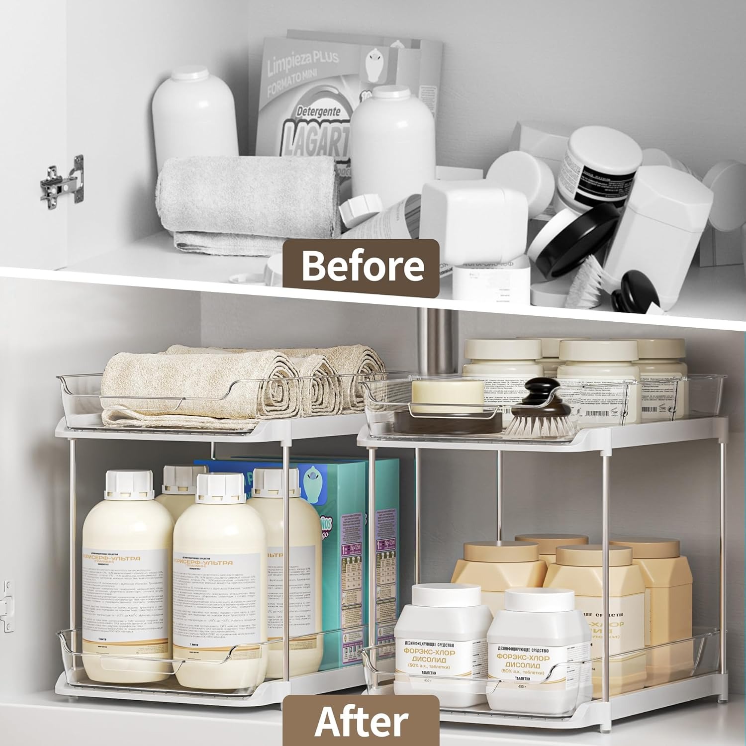 2 Layer Bathroom Organizer Pull Out Movable Counter Storage Rack with drawers Acrylic Multifunctional Under Sink Storage Shelf