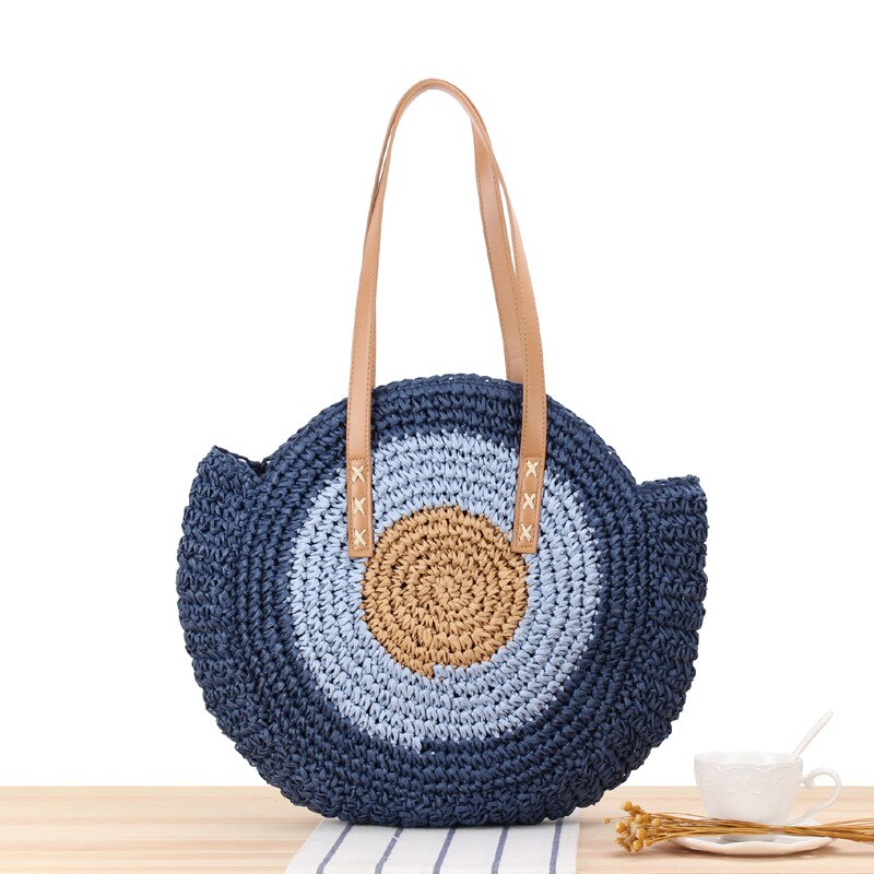 Bolso de playa de paja para mujer, bolsa de rafia tejida a mano de estilo bohemio e informal y con redondo para el verano: Blue  L