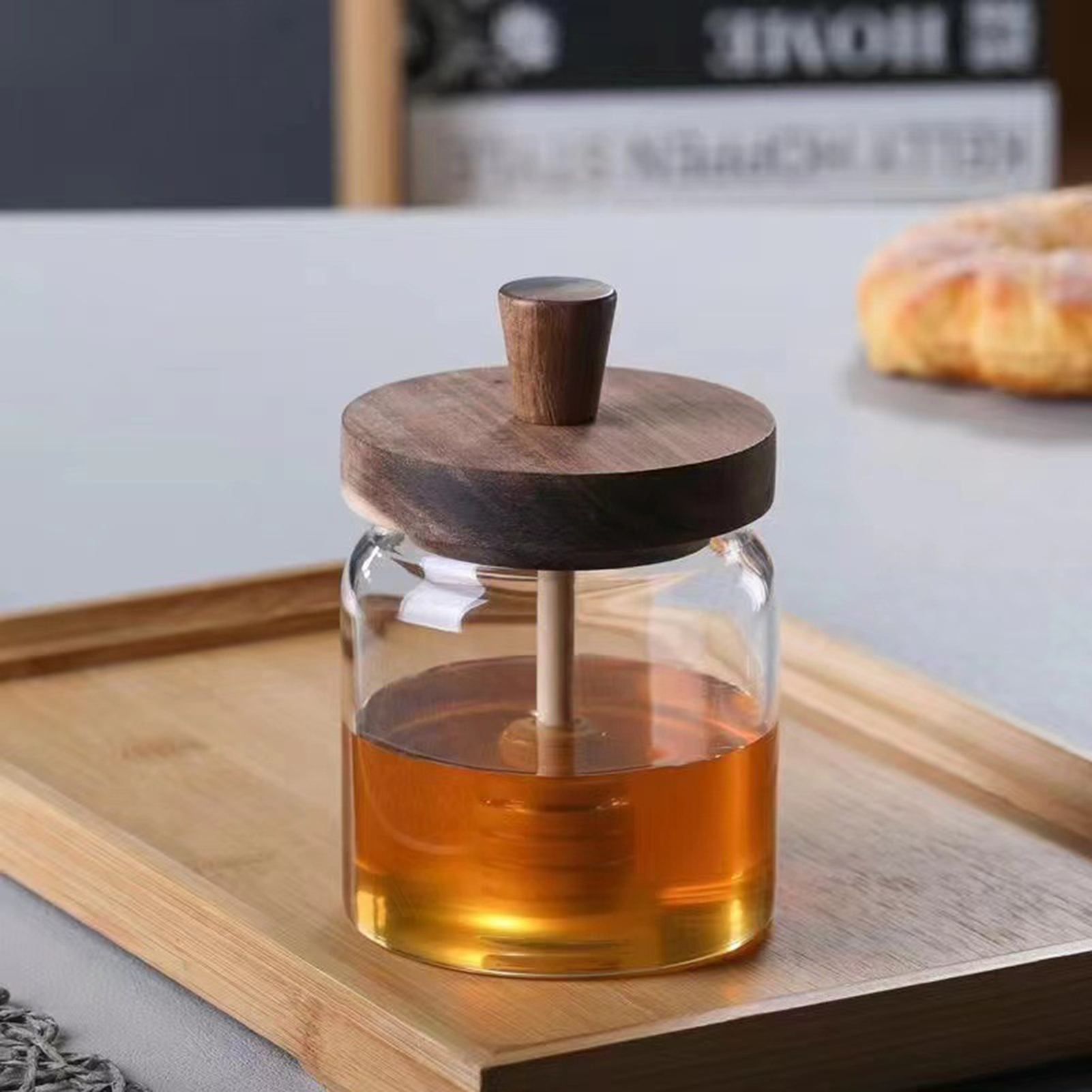 Glass Storage Bottles Honey Jars with Dipper and Lid Wide Mouth Honey Containers Syrup Dispenser for Storing Honey and Syrup