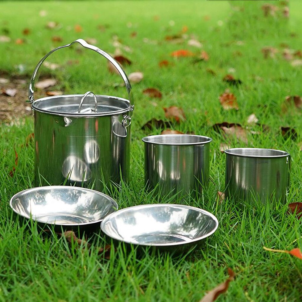 Batterie de cuisine de Camping-feu de camp Barbecues marmite de plage, randonnée à l'extérieur bouilloire suspendue et tasses avec poignée pliante