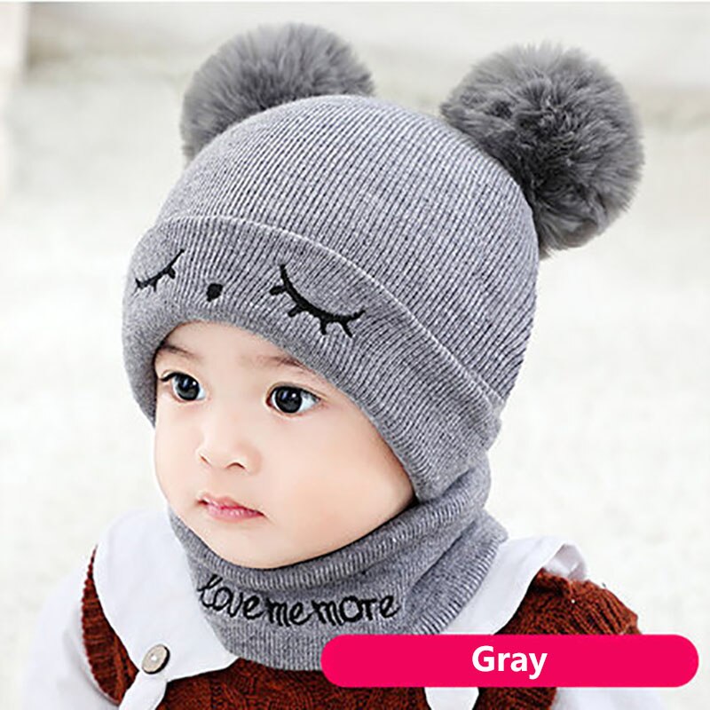 2 stuks/set winter baby muts sjaal schattige dubbele pompon mutsen sjaals gebreide warme baby jongen meisje muts o ring sjaal: 0-12 maanden grijs