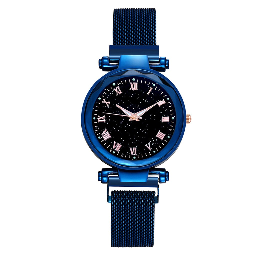Vrouwen Horloge Luxe Starry Dial Crystal Rvs Mesh Magnetische Riem Dames Quartz Horloge Vrouwen Lichtgevende Handen Horloges: Blue