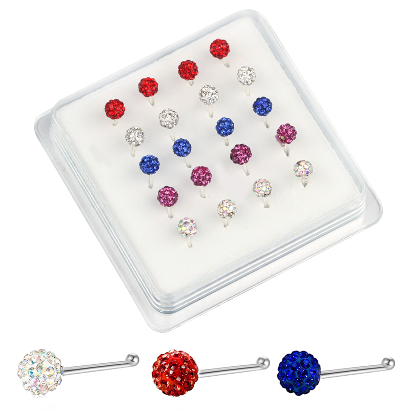 20Pcs Rhinestone Bal Neus Sieraden Ball End Pin Neus Bone: Colored crystal