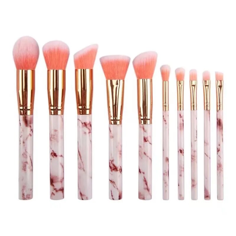 10 Uds. Brochas de maquillaje de mármol, base Kabuki sintética Premium, mezcla de polvos faciales, colorete, correctores, brochas para sombras de ojos: Rosa
