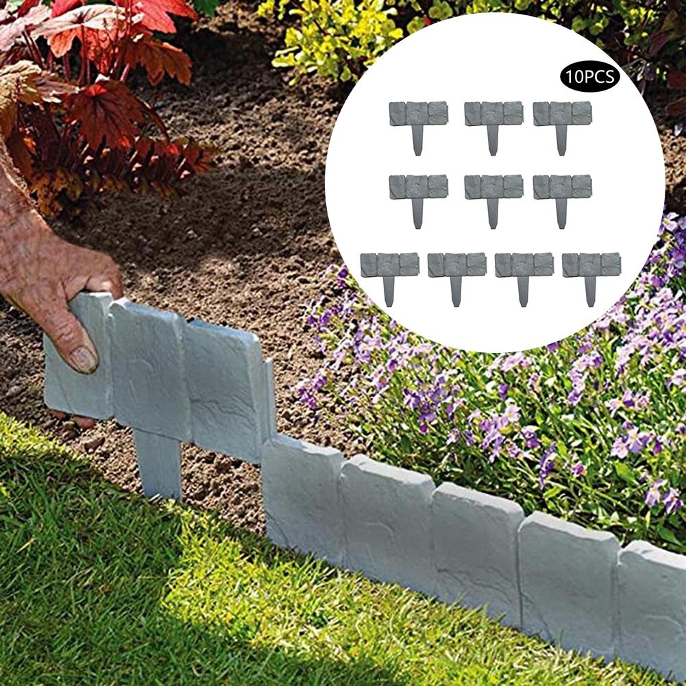 10 Pcs Folding Landscape Gray Plastic Flower Fence-Path Garden Plant Border Edging Lawn Imitation Stone Fence Grounding Fence