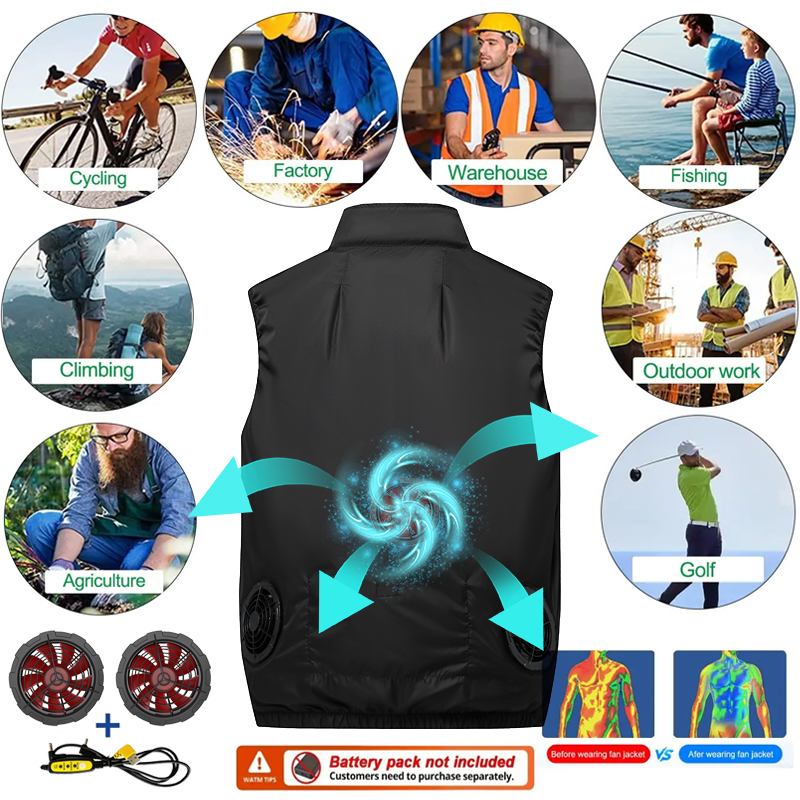 Zomer unisex koelvest tegen zonnesteek, ventilatorjack met opstaande kraag, werkkleding voor buitentaken, wegenadministratie en