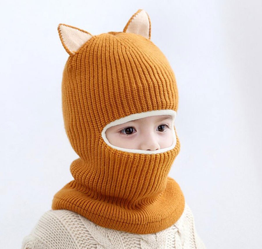 Beanie Warm Hat Kids Children Knitted Hooded Scarf Winter Circulal Knit Striped Earflap Ear Cap Scarves Child Accessories: Ginger Yellow