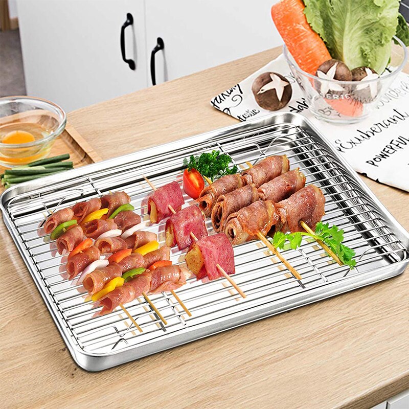 Stainless Steel Quarter Sheet Pan Bakery Cooling Racks Jelly Roll Pan Rimmed Baking Sheet For Oven Cookie Sheet With Rack 719