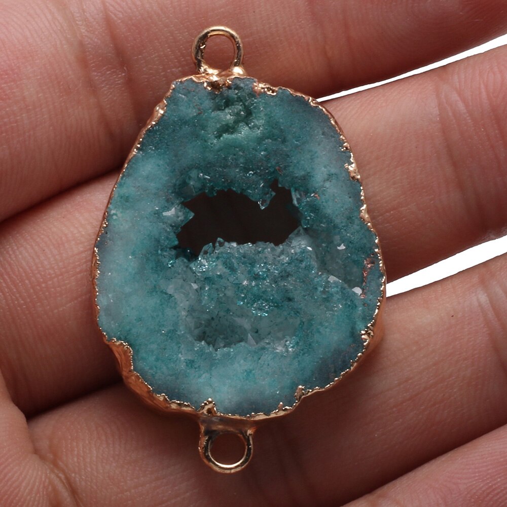 Conectores de colgante de ágatas Druzy Natural, conectores de doble agujero chapados en oro Irregular para fabricación de joyas DIY: Light Green / 40-45mm
