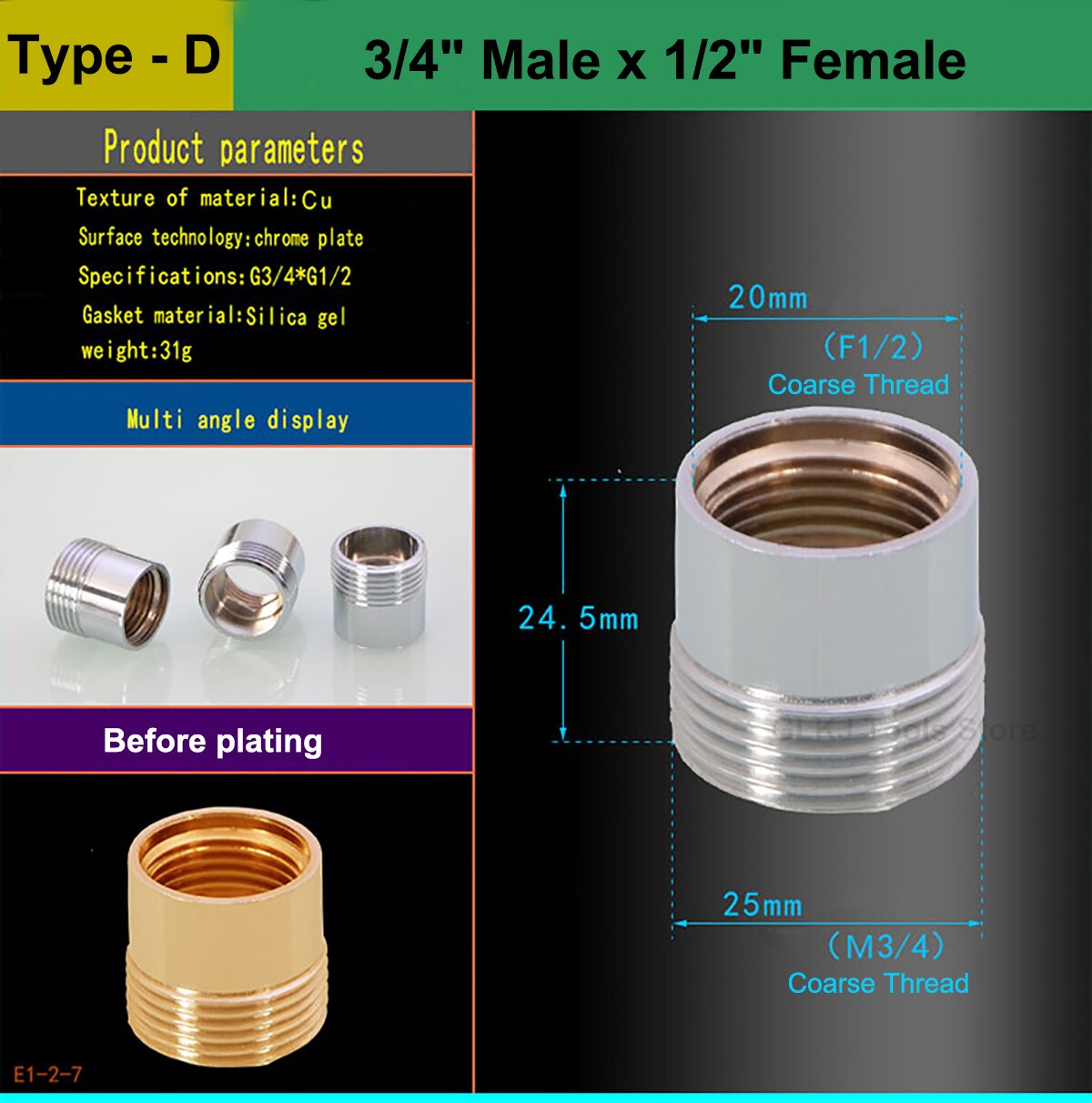 1/2" 3/4" Male Female Thread Nickel Plated Brass Faucet Tap Adapters Kitchen Bathroom Brass Water Tape Joint: Type - D