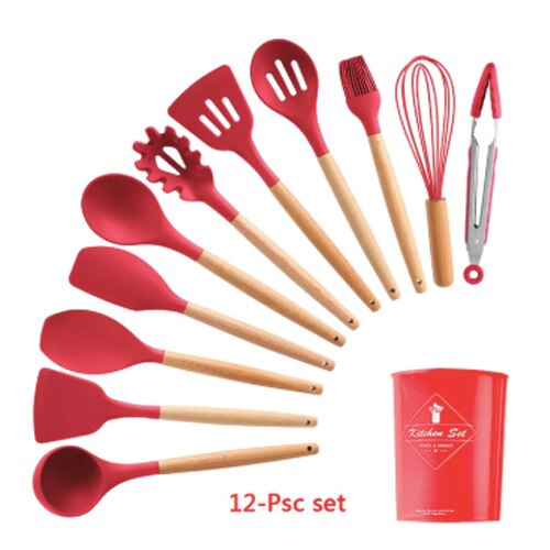 ATUCOHO 12PCS Kitchen Utensils Cooking Kit Silicone Accessories Spaghetti Food Clip Oil Brush Spatula Egg Beater Kitchen Tools: RED-12PCS