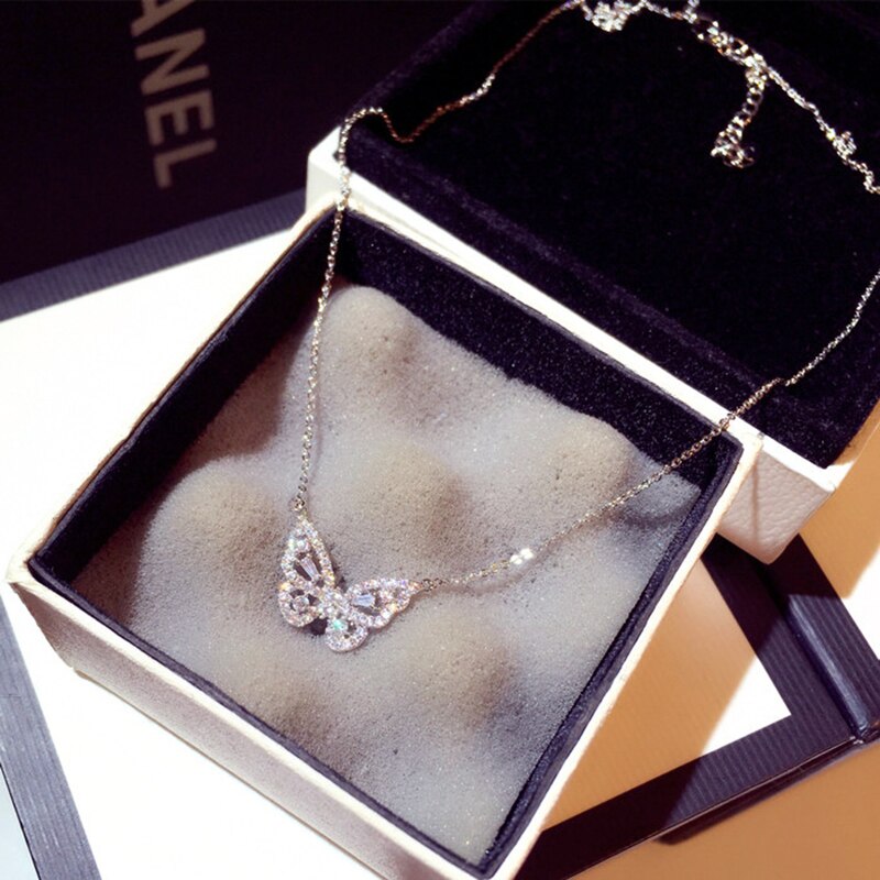 Ins zirconia sommerfugl halskæde charme bling cz rose guld sommerfugl smykker vedhæng bijoux til kvinder pige: Hvid
