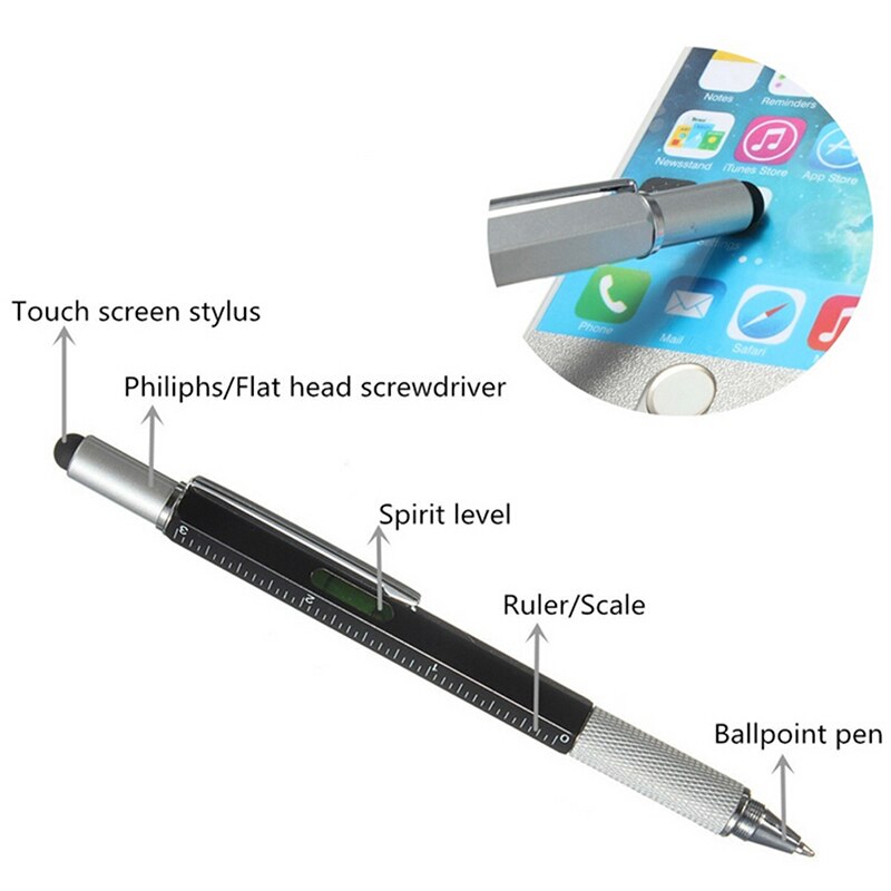 Multifunktionsstift mit Touch-Tip, Lineal, Wasserwaage, Schraubendreher und Kugelschreiber