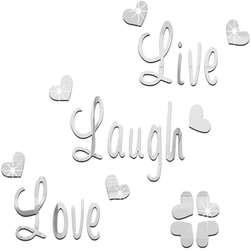 Aftagelig levende latter kærlighed spejl væg klistermærker breve og hjerte selvklæbende akryl tapet boligindretning kunst vægmaleri indretning: Sølv