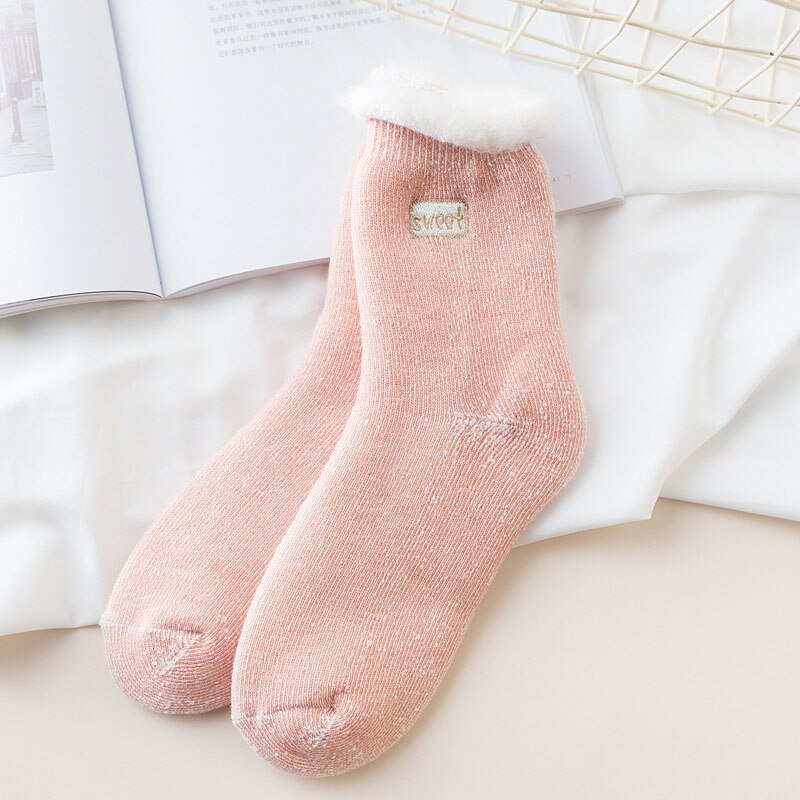 Plus Velvet Thick Wool Socks Women Winter Warm Cotton Inner Socks Candy Color Casual Fluffy Home Floor Socks Sokken: pink style 1