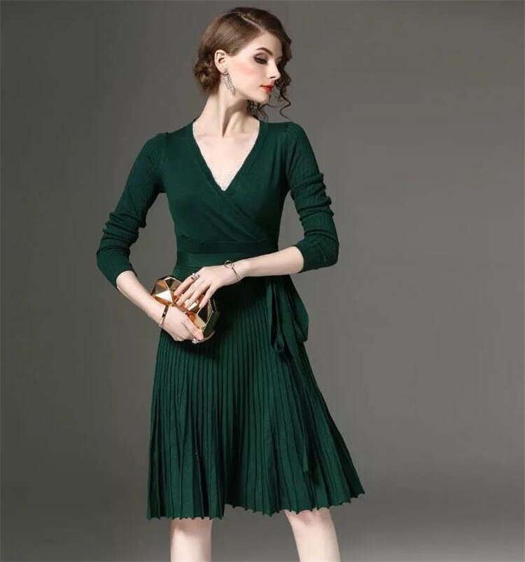 Women v neck pleated wrap a-line knitted dress bow tie sashes long sleeve female Autumn Spring mid calf vestidos B: dark green