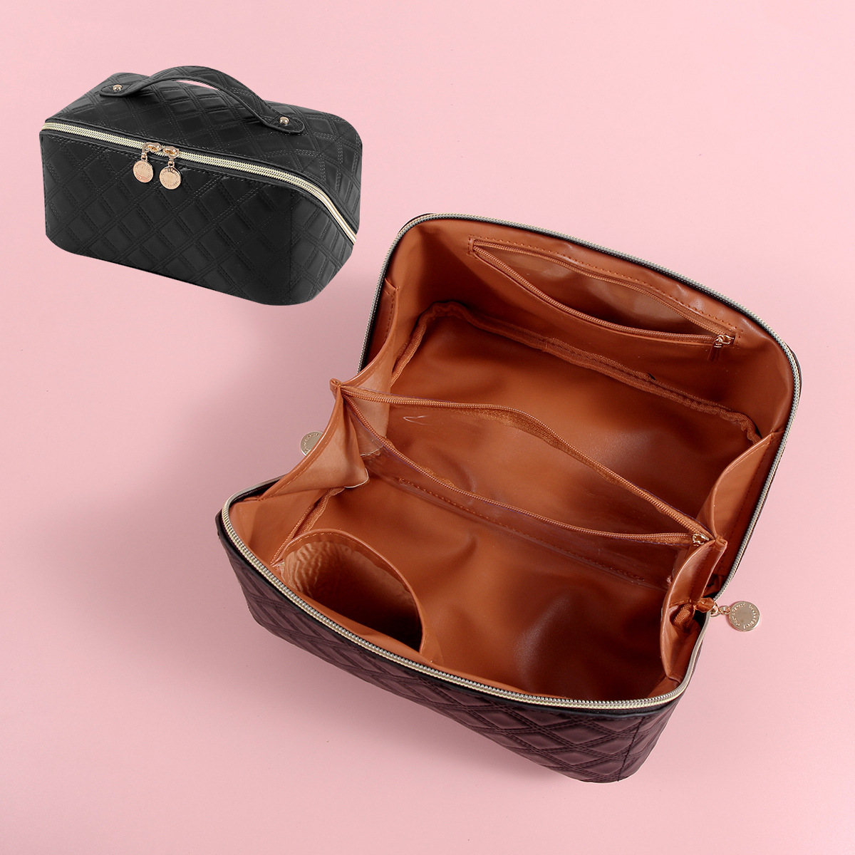 Travel Makeup Bag Large Opening Makeup Bag Portable Water Resistant Make Up Bags PU Leather Cosmetic Bag with Compartment: black