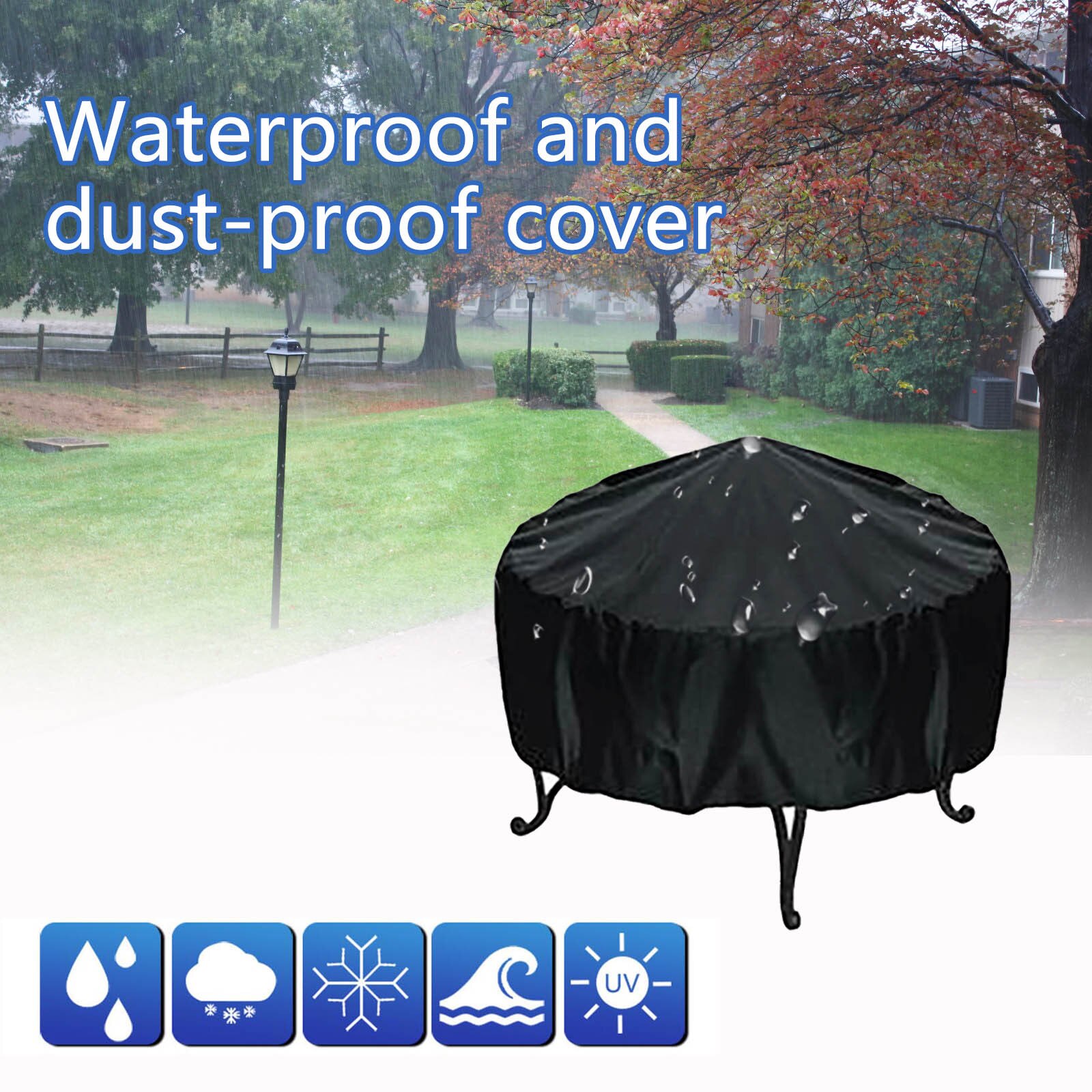 Waterproof Patio Fire Pit Cover Black UV Protector Grill BBQ Shelter Outdoor Garden Yard Round Canopy Furniture Covers