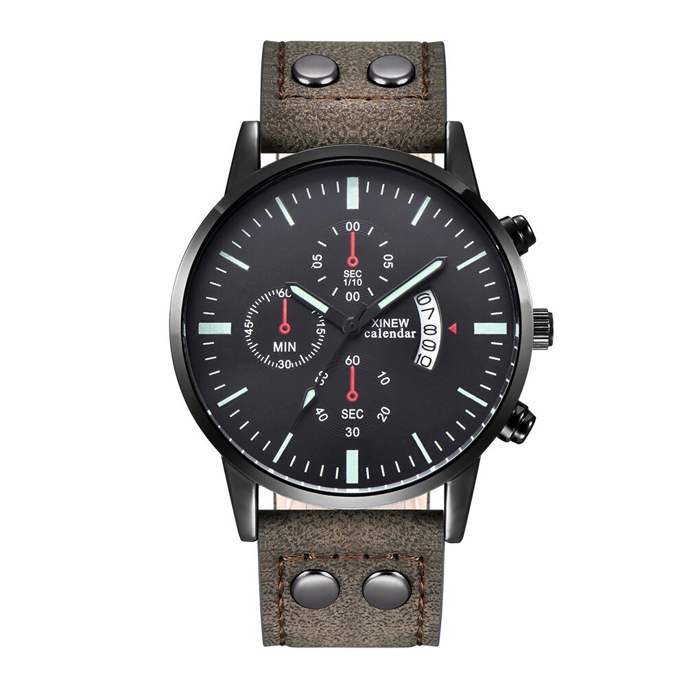 Xinew Men Watch Leather Strap Band Date Quartz Wrist Watch Round Dial For Men Roman Men's Watches Outdoor Clock: L