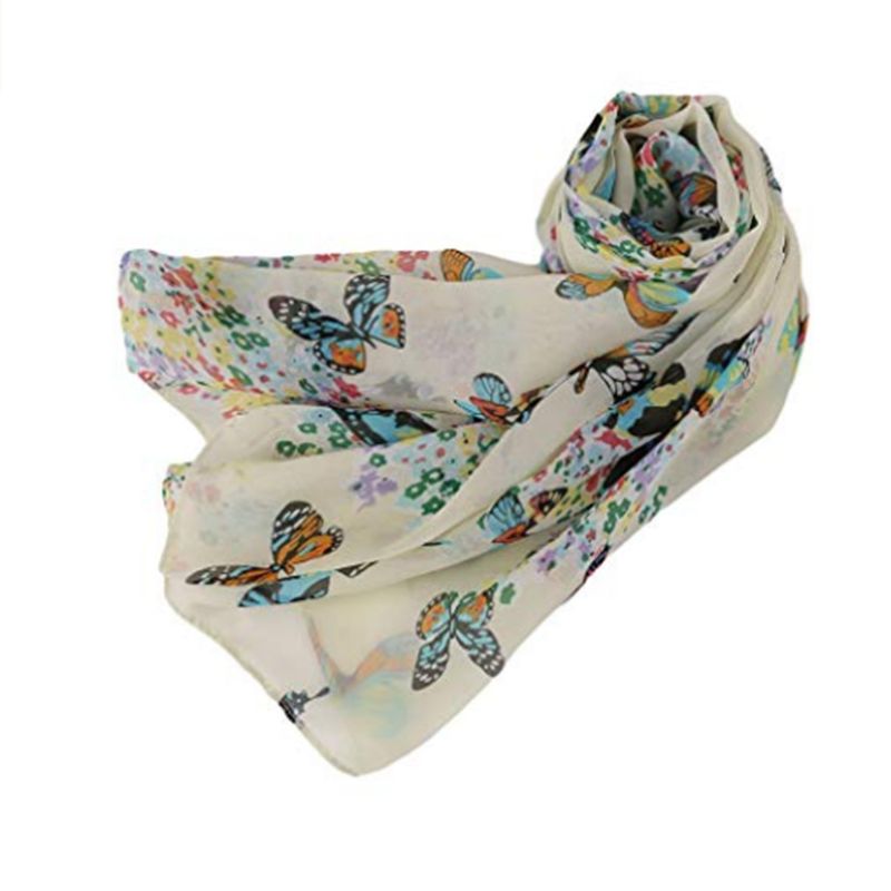 135x40cm Women Bohemian Chiffon Long Scarf Colorful Butterflies Floral Printed Shawl Lightweight Neck Soft Blanket Beach Wrap