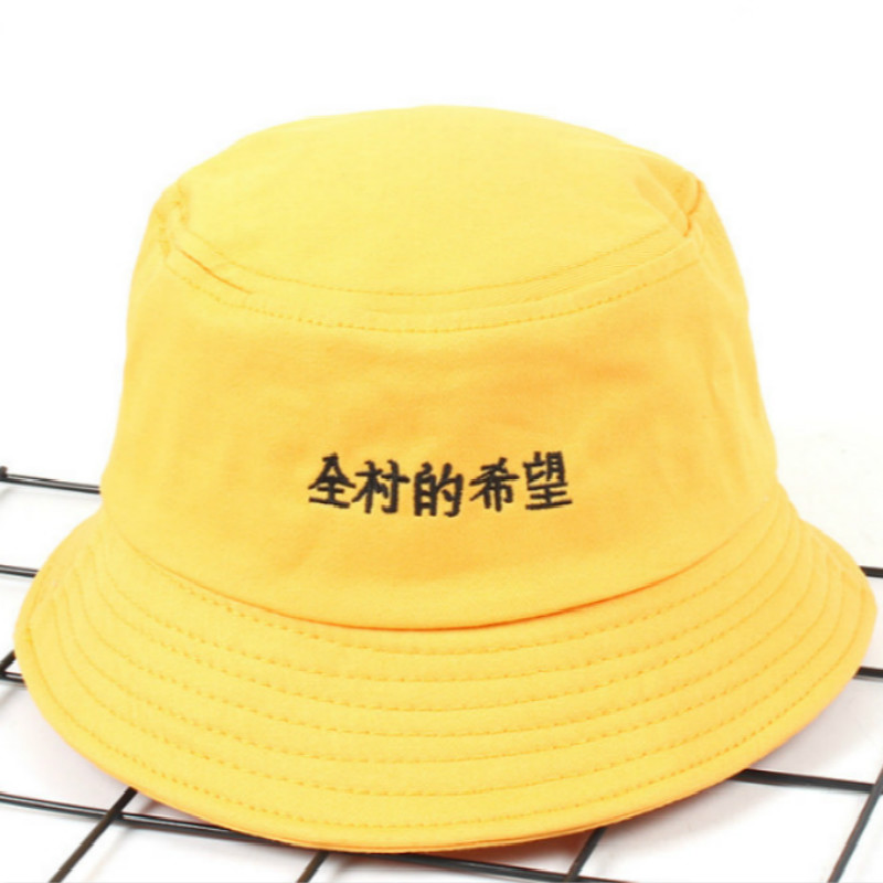 Broderi kinesisk bogstav spand hat hip hop udendørs sommer japansk rejse hat ferie kvinder sol panama fisker kasket: Gul