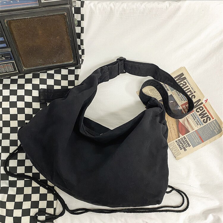 100% Baumwolle Teenager lässig Segeltuch groß Kapazität Schulter Tasche Schüler Freizeit Sanft Stoff Schule Buchen Laptop Crossbody Tasche: Schwarz