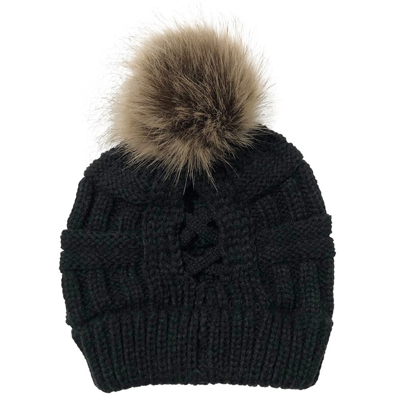 Dames wollen muts, muts met ronde kop, accessoires, gebreide muts, hoofddeksel, kruismuts, hoofddoek, haarbal, elastisch, winterwarm: Zwart