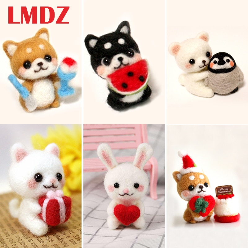 Lmdz 1 st set ull för filt pysselpaket panda, katter, hundar, kanin, rådjur, lejon, stämplar nålfiltning, shiba inu set djur diy