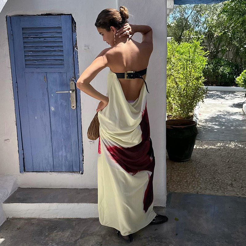 CUTENOVA Sexy Strapless Print Bloemenriem Dames Maxi Jurk Geel Backless Hoge Taille Jurken Zomervakantie Elegante Strandkleding