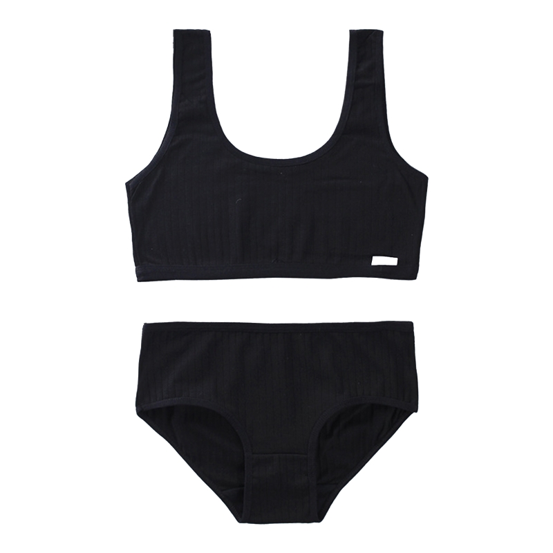 Kids Tieners Meisjes 2Pcs Sport Ondergoed Set Geribbelde Effen Kleur Letters Label Brede Band Training Beha En Hipster Slipje: Black