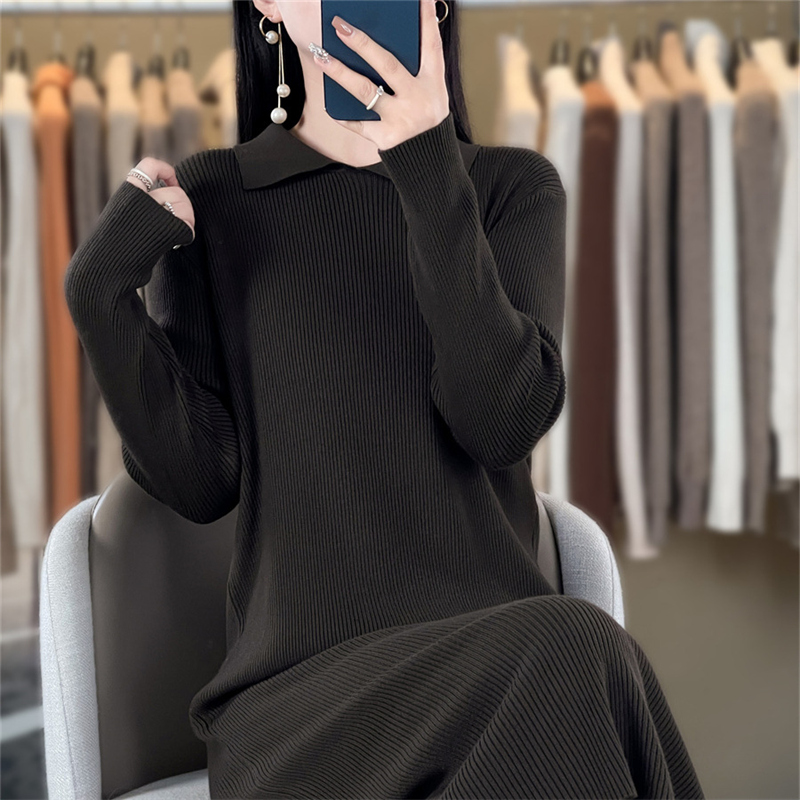 Women's boutique POIO collar long sleeved dress autumn and winter knitted cashmere sweater Women's solid color pullover long