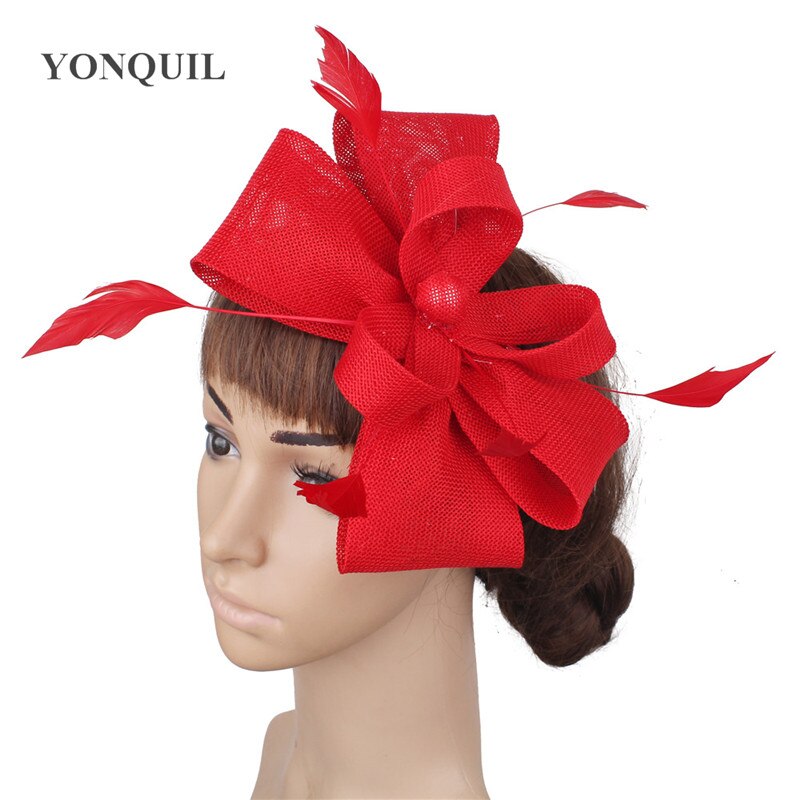 Blanc bow nouvelle mariée coiffe de mariage fascinator accessoires femmes plume coiffe maille cheveux chapeaux mariage bandeau: Rouge