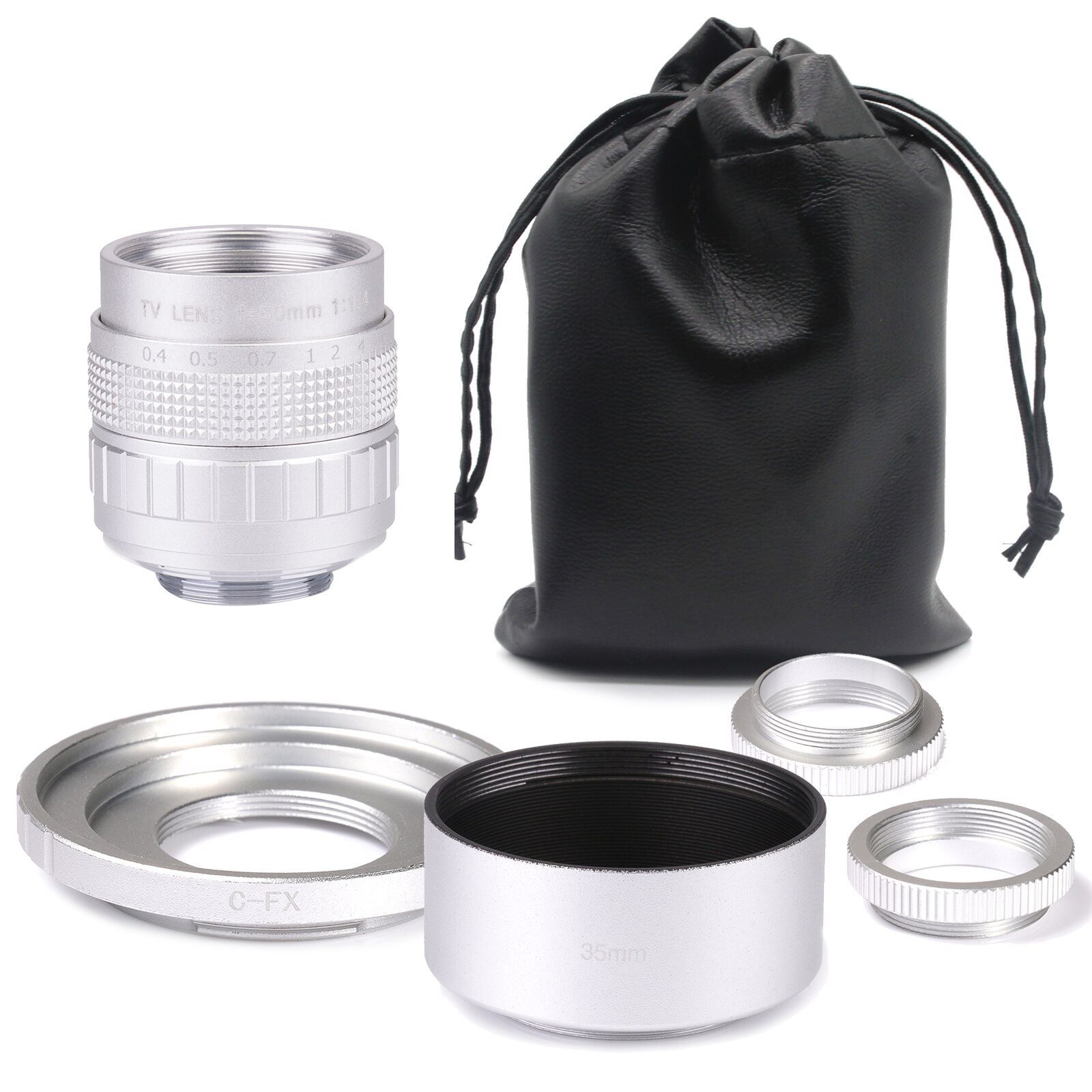 Zilver Fujian 35 Mm F/1.7 APS-C Cctv Lens + Adapter Ring + 2 Macro Ring + Zonnekap voor Fujifilm X Mount Mirroless Camera XT30/X100F