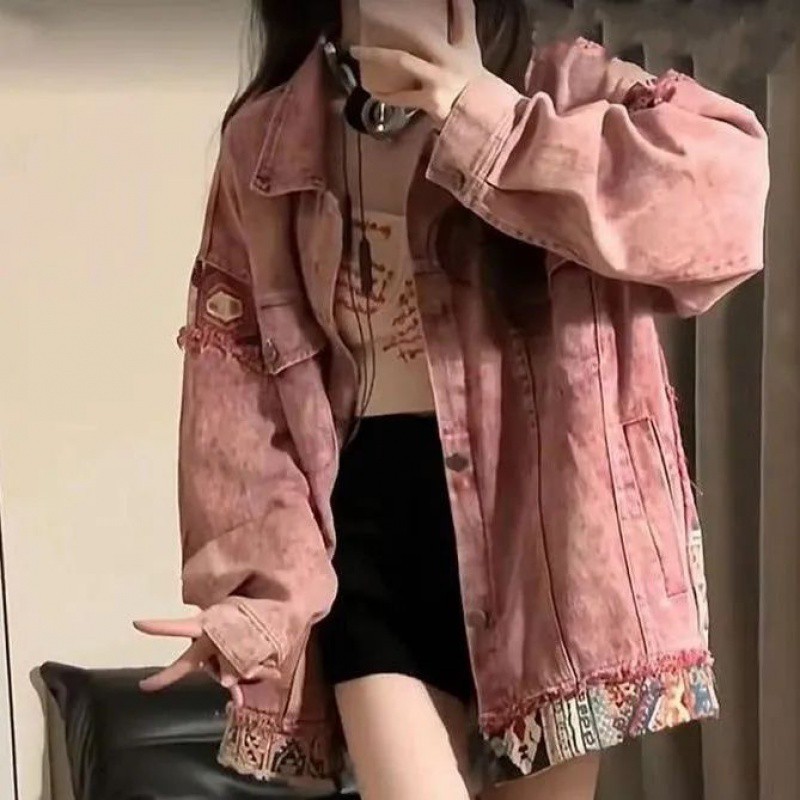 2025, nieuw in nationale stijl, roze niche-jokerjas, lente- en herfst-denimjas voor dames